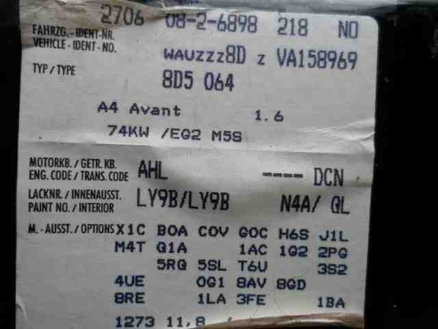 Audi A4 1995-1999 (Type I, Fase 1) (B5) (B5), Motorkode: AHL, Girkassekode: DCN