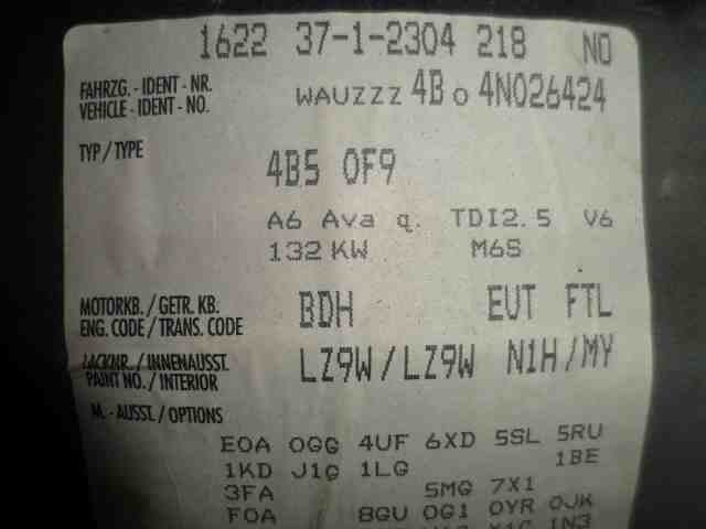 Audi A6 2001-2004 (Type II, Fase 2) (C5) (C5), Motorkode: BDH 2.5 d, Girkassekode: EUT  FTL