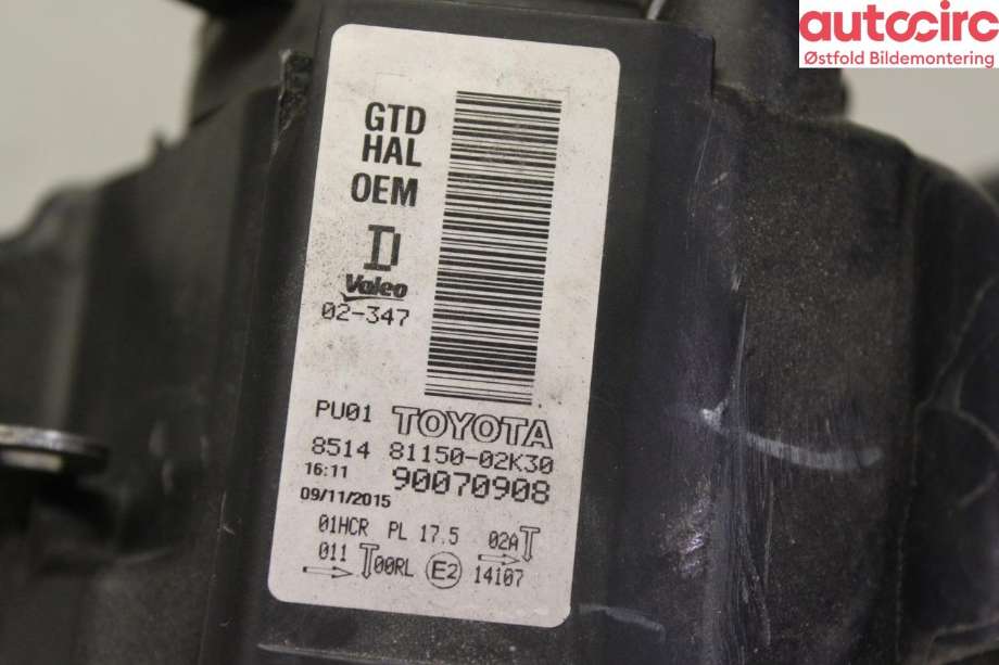 Frontlykt venstre halogen til Toyota Auris 2015-2019 (Type II, Fase 2) (TOYOTA|8117002K30|)