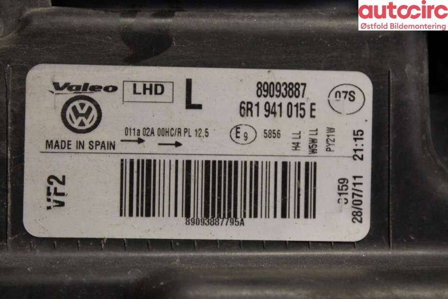 Frontlykt venstre halogen til VW Polo 2009-2014 (Type V, Fase 1)  (VOLKSWAGEN|6R1 941 015 E|)