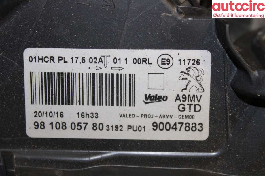 Frontlykt venstre halogen til Peugeot 208 2012-2019 (Type I)  (PEUGEOT|98 108 057 80|)