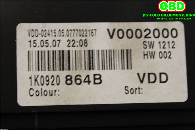 Instrumentpanel til VW Golf, Plus/Cross 2005-2009 (Fase 1)  (VOLKSWAGEN|1K0 920 864 BX||1K0920864B)