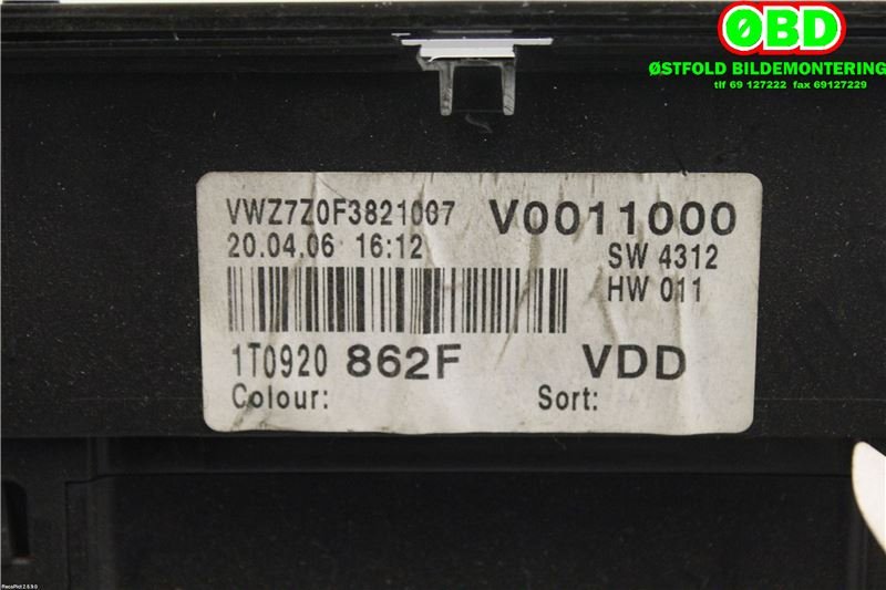 Instrumentpanel til VW Touran 2003-2006 (Type I, Fase 1) (VOLKSWAGEN|1T0 920 862 FX||1T0920862F)