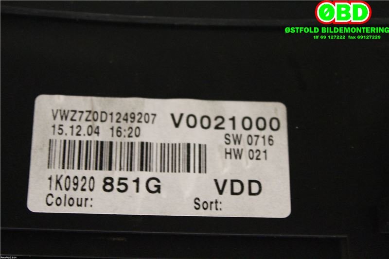 Instrumentpanel til VW Golf V, Combi 2003-2008  (VOLKSWAGEN|1K0 920 851 NX||1K0920851G)