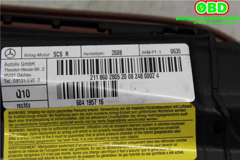 Airbag sidepute høyre til Mercedes E-Klasse 2006-2009 (Fase 2) (W211) (W211) (MERCEDES|A 211 860 28 05||2118602805)