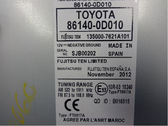 Bilstereo til Toyota Yaris 2012-2014 (Type III, Fase 1)  (TOYOTA|861400D010|)