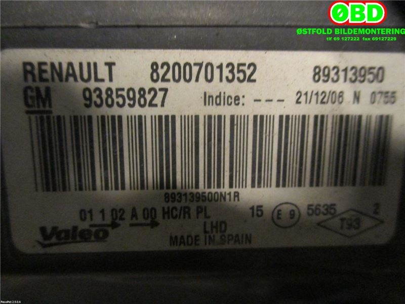 Frontlykt venstre halogen til Renault Trafic 2006-2014  (RENAULT|8200701352|93859827)