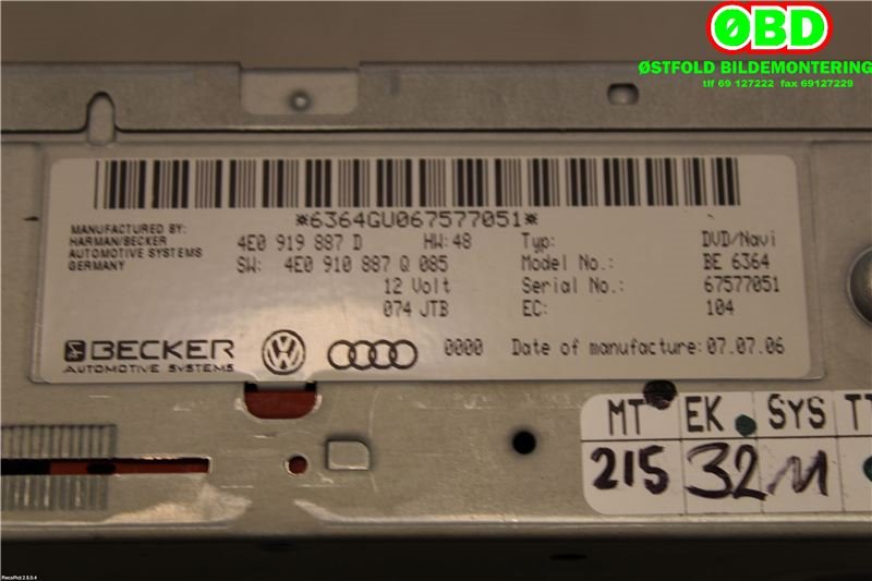 Bilstereo navigasjon til Audi A6 2005-2008 (Type III, Fase 1) (C6) (C6) (4E0 910 888 PX||4E0919887D)