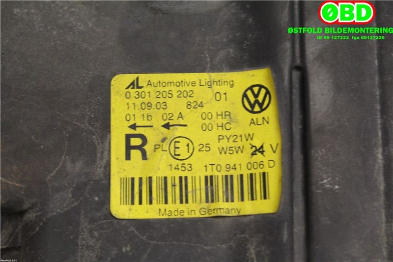 Frontlykt høyre halogen til VW Touran 2003-2006 (Type I, Fase 1)  (VOLKSWAGEN|1T0 941 006 R||1T0941006D)