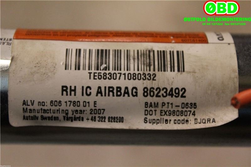 Airbag gardin høyre til Volvo V70 2005-2007 (Type II, Fase 2)  (VOLVO|8623492|)