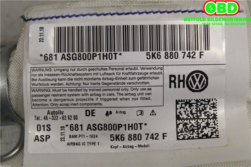Airbag gardin høyre til VW Golf VI 2008-2012  (VOLKSWAGEN|5K6 880 742 F||5K6880742F)