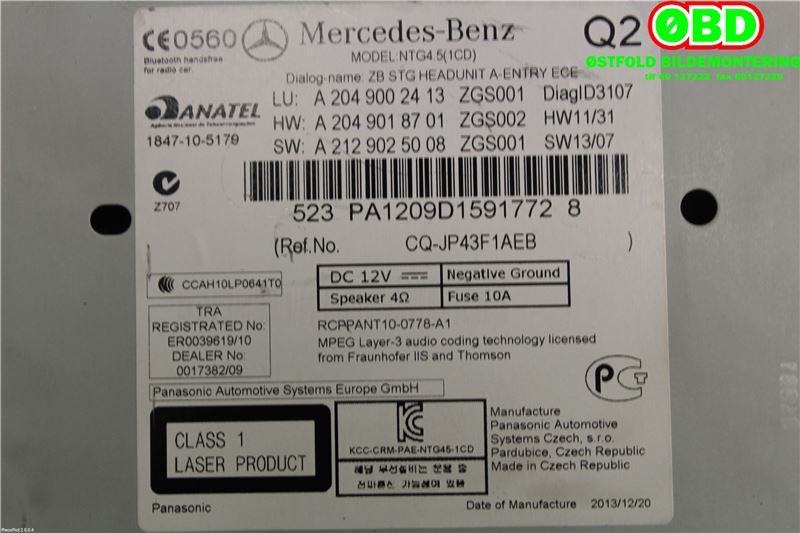 Bilstereo til Mercedes GLK 2008-2015 (X204) (X204) (MERCEDES|A 204 900 24 13|A 204 900 51 15|2049002413)