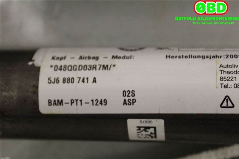 Airbag gardin venstre til Škoda Fabia 2010-2014 (Type II, Fase 2) (SKODA|5J6 880 741 A|5J6 880 741 B|5J6880741A)