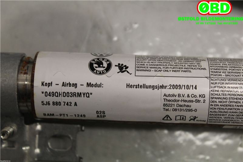 Airbag gardin høyre til Škoda Fabia 2010-2014 (Type II, Fase 2) (SKODA|5J6 880 742 A|5J6 880 742 B|5J6880742A)