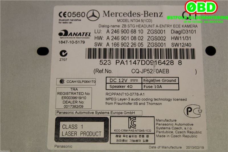 Bilstereo til Mercedes A-Klasse 2012-2018 (W176) (W176) (MERCEDES|A 246 900 10 16|NTG451CD|)