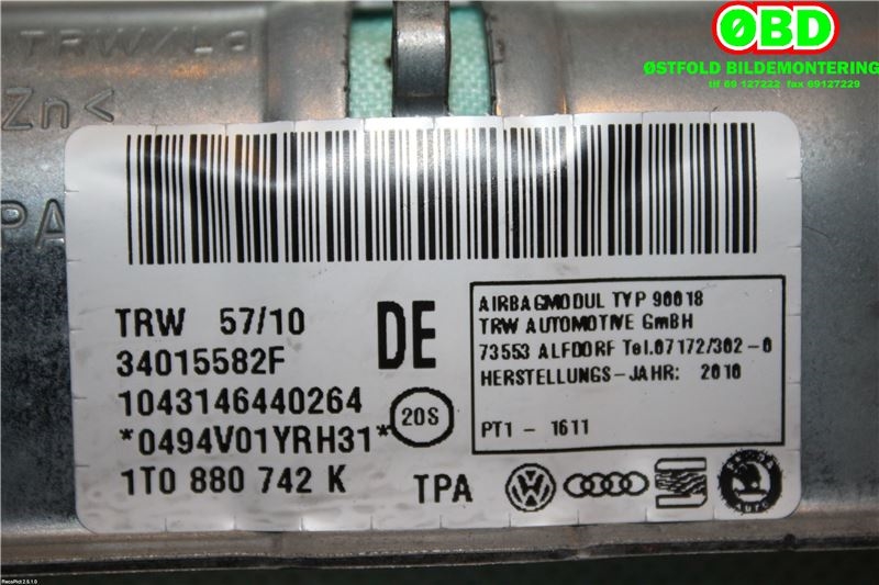 Airbag gardin høyre til VW Touran 2007-2010 (Type I, Fase 2)  (VOLKSWAGEN|1T0 880 742 K|1T0 880 742 M|1T0880742K)