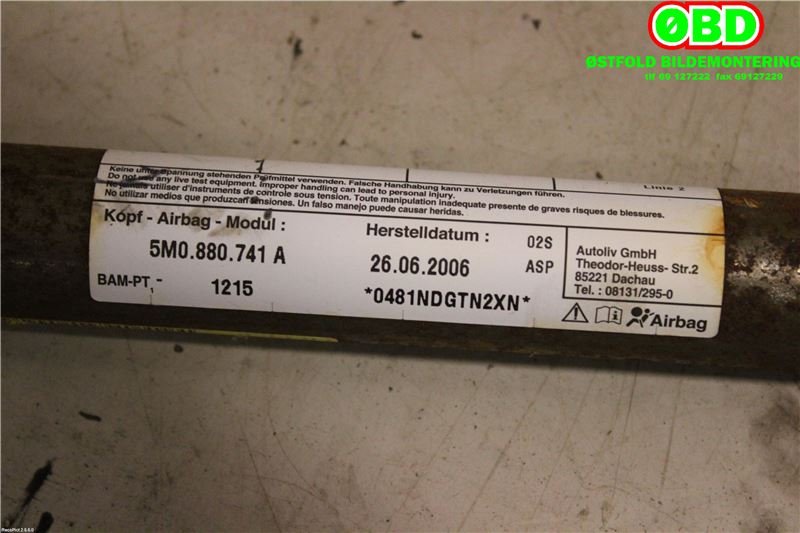 Airbag gardin venstre til VW Golf, Plus/Cross 2005-2009 (Fase 1)  (VOLKSWAGEN|5M0 880 741 C||5M0880741A)