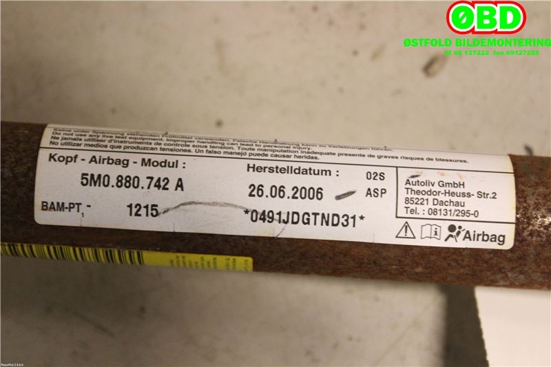 Airbag gardin høyre til VW Golf, Plus/Cross 2005-2009 (Fase 1) (VOLKSWAGEN|5M0 880 742 C||5M0880742A)