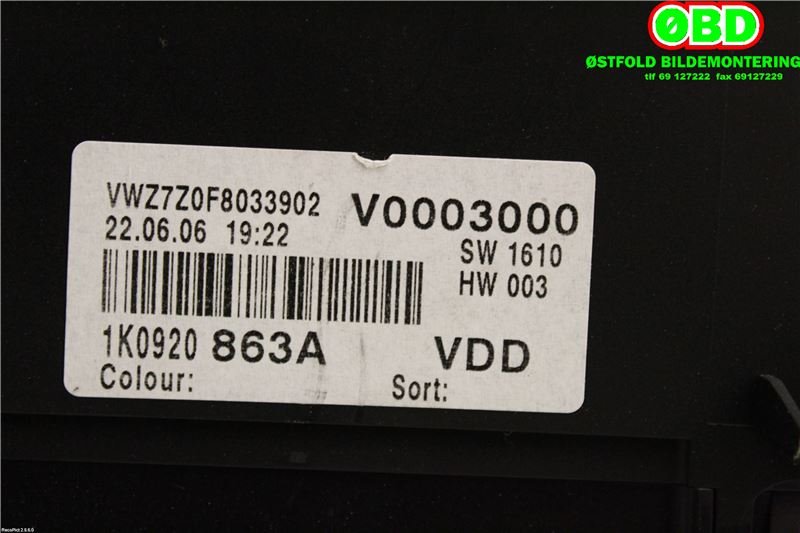 Instrumentpanel til VW Golf, Plus/Cross 2005-2009 (Fase 1)  (VOLKSWAGEN|1K0 920 863 AX||1K0920863A)