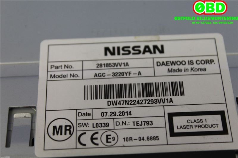 Bilstereo til Nissan Note 2013-2017 (Type II) (NISSAN||281853VV1A)