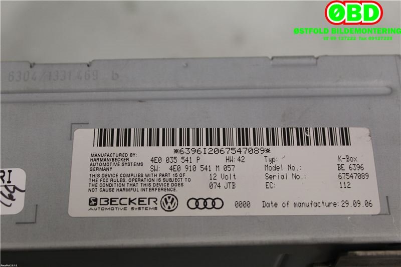 Bilstereo diverse til Audi A8 2003-2010 (Type II) (AUDI|4E0 035 541 P|4E0 035 542 X|4E0035541P)
