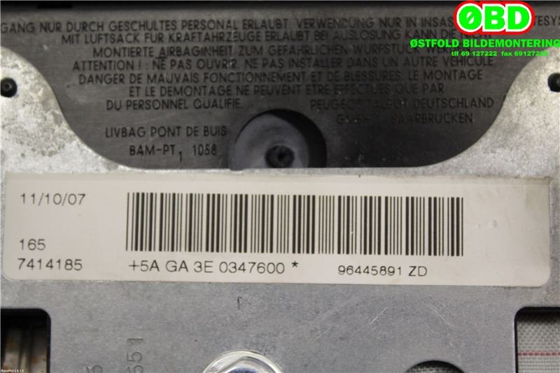 Airbag rattpute til Peugeot 407 2004-2010  (PEUGEOT|4112HA||96445891ZD)