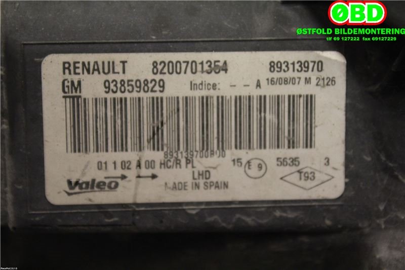 Frontlykt venstre halogen til Opel Vivaro A 2006-2014  (OPEL|93859829|4417502|8200701354)