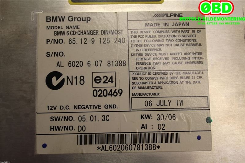 Bilstereo CD-veksler til BMW 5-Serie 2003-2010 (E60/E61) (E60/E61) (BMW|65 12 9 133 077||65129125240)