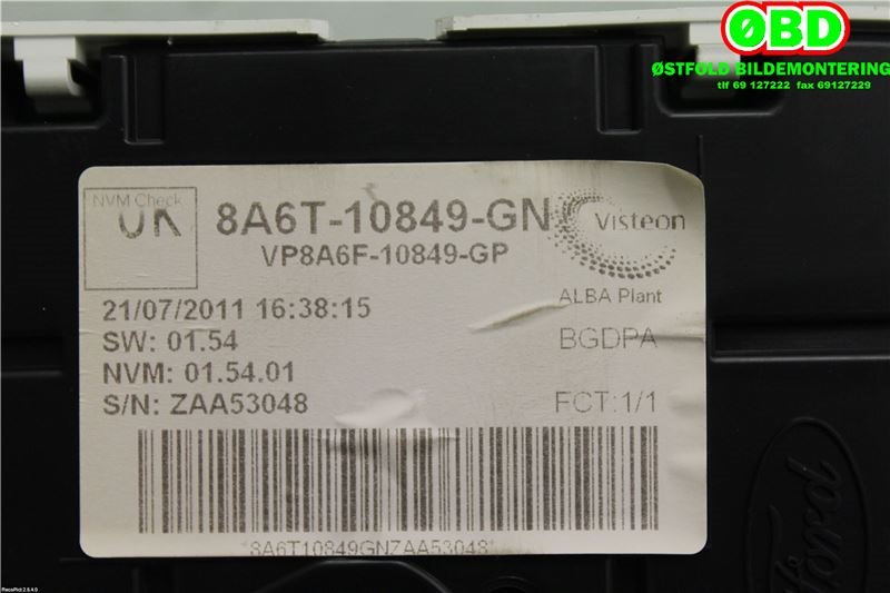 Instrumentpanel til Ford Fiesta 2008-2012 (Type VI, Fase 1)  (FORD|1786854||8A6T10849GN)