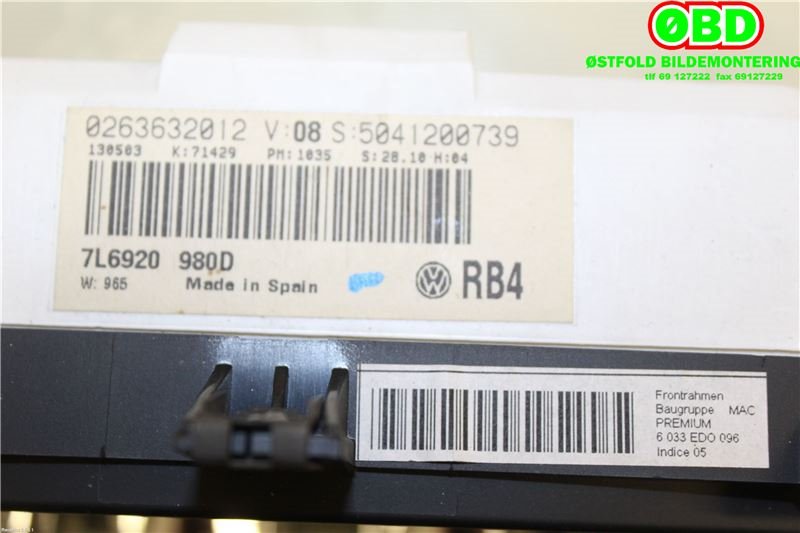 Instrumentpanel til VW Touareg 2003-2007 (Type I, Fase 1) (VOLKSWAGEN|7L6 920 980 MX||7L6920980D)