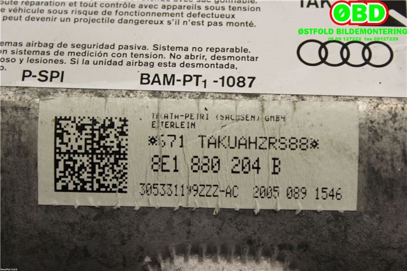 Airbag passasjer til Audi A4 2004-2008 (Type III) (B7) (B7) (AUDI|8E1880204D|8E1880204F|8E1880204B)