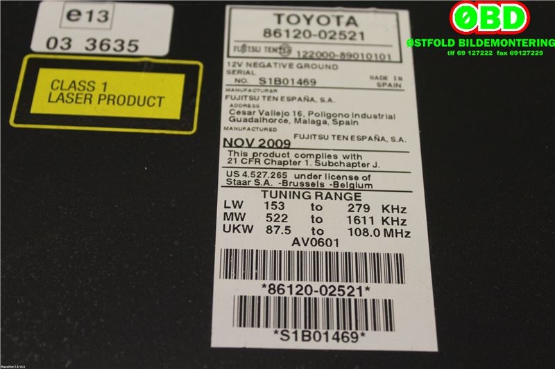 Bilstereo til Toyota Auris 2007-2010 (Type I, Fase 1)  (TOYOTA||8612002521)
