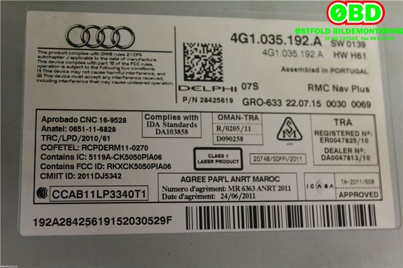 Bilstereo til Audi A6 2014-2018 (Type IV, Fase 2) (C7) (C7) (Audi A6|4G1 035 192 A|4G1 035 192 AX|4G1035192A)