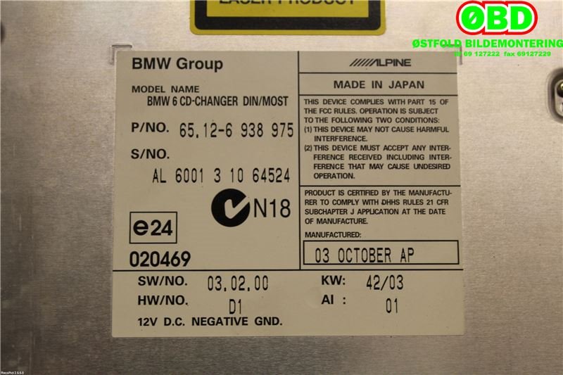 Bilstereo CD-veksler til BMW 5-Serie 2003-2010 (E60/E61) (E60/E61) (BMW|65 12 9 133 077||65126938975)