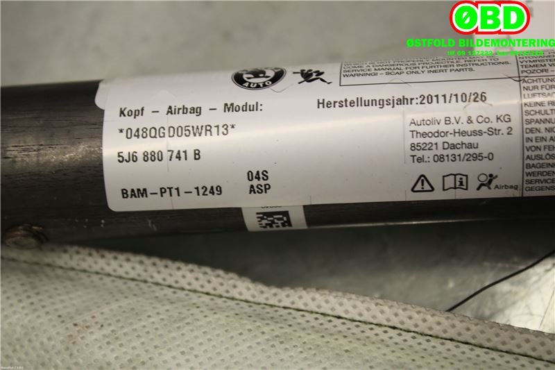 Airbag gardin venstre til Škoda Fabia 2010-2014 (Type II, Fase 2)  (SKODA|5J6 880 741 B||5J6880741B)