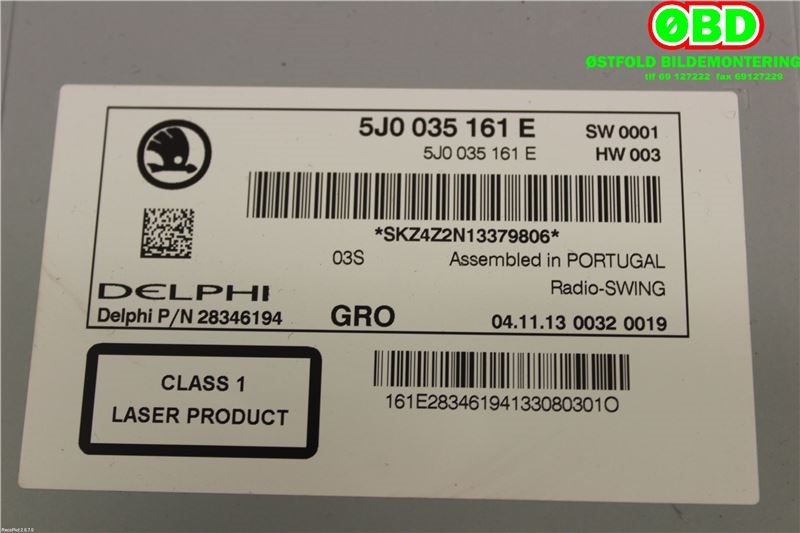 Bilstereo til Škoda Rapid 2012-2019  (SKODA|5J0 035 161 E||5J0035161E)