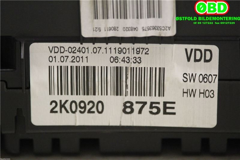 Instrumentpanel til VW Caddy 2010-2015 (Type III, Fase 2)  (VOLKSWAGEN|2K0 920 875 E||2K0920875E)