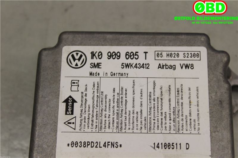 Airbag elektronikk til Škoda Octavia 2009-2013 (Type II, Fase 2)  (SKODA|1K0 909 605 T|5WK43412|1K0909605T)