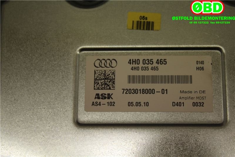 Bilstereo forsterker til Audi A8 2010-2013 (Type III, Fase 1)  (AUDI A 8|4H0 035 465 B||4H0035465)