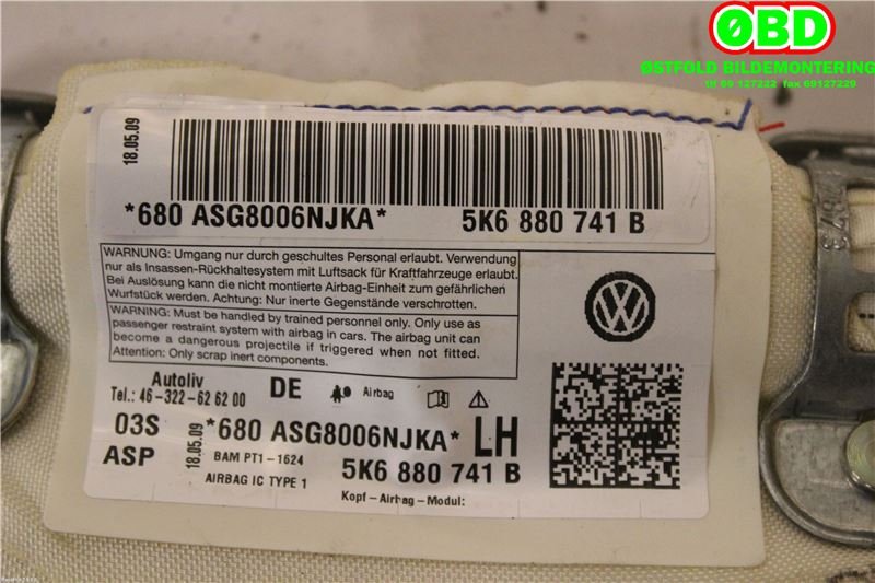 Airbag gardin venstre til VW Golf VI 2008-2012 (VOLKSWAGEN|5K6 880 741 D|5K6 880 741 F|5K6880741B)