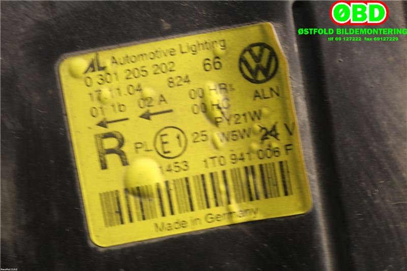 Frontlykt høyre halogen til VW Touran 2003-2006 (Type I, Fase 1)  (VOLKSWAGEN|1T0 941 006 R||1T0941006F)