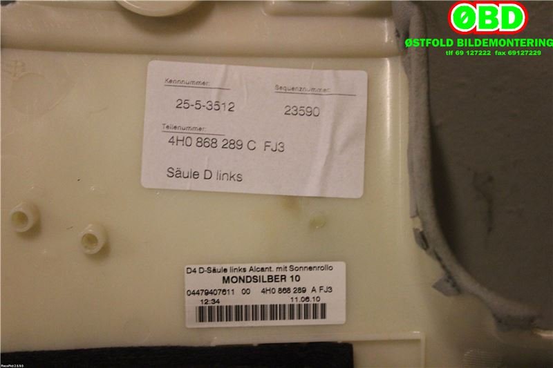 Innredning diverse til Audi A8 2010-2013 (Type III, Fase 1)  (AUDI A 8|4H0868289C||4H0868289CFJ3)