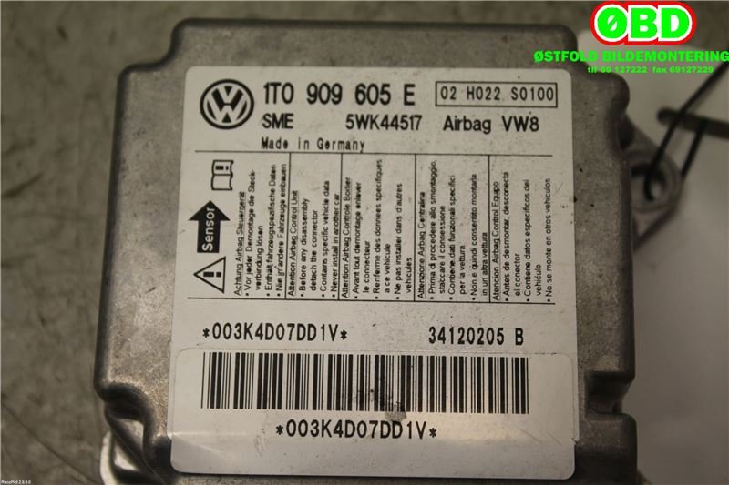 Airbag elektronikk til VW Touran 2010-2015 (Type I, Fase 3)  (VOLKSWAGEN|1T0 909 605 E||1T0909605E)
