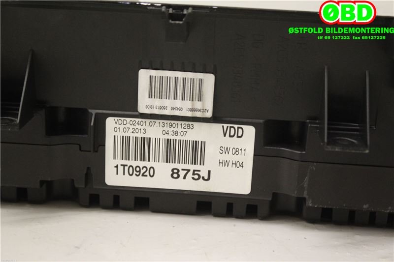 Instrumentpanel til VW Touran 2010-2015 (Type I, Fase 3)  (VOLKSWAGEN|1T0 920 875 J||1T0920875J)