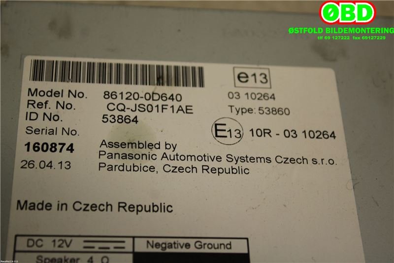 Bilstereo til Toyota Yaris 2012-2014 (Type III, Fase 1)  (TOYOTA|861200D640|)