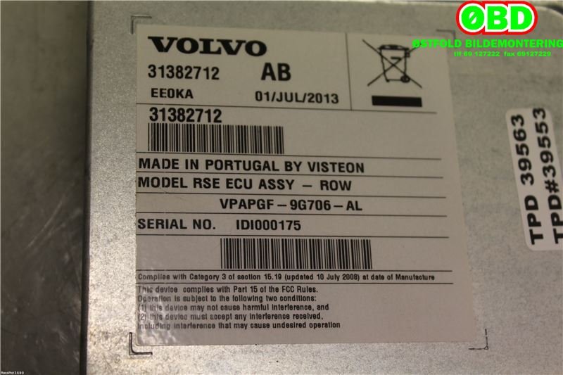 Styreenhet diverse til Volvo XC70 2014-2016 (Type II, Fase 2)  (VOLVO||31382712AB)