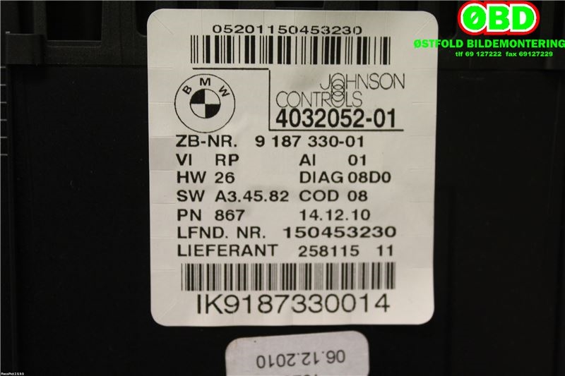Instrumentpanel til BMW 1-Serie 2004-2011 (E81/E82/E87/E88) (E81/E82/E87/E88) (BMW|62 10 9 283 801||9187330)
