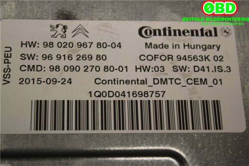 Styreenhet tenning til Peugeot Partner 2015-2019 (Type II, Fase 2)  (PEUGEOT||9802096780)