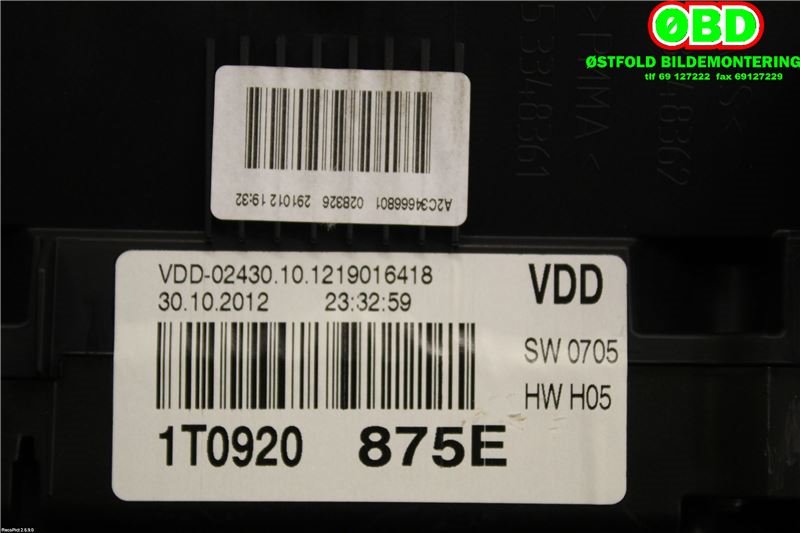 Instrumentpanel til VW Touran 2010-2015 (Type I, Fase 3)  (VOLKSWAGEN|1T0 920 875 E||1T0920875E)