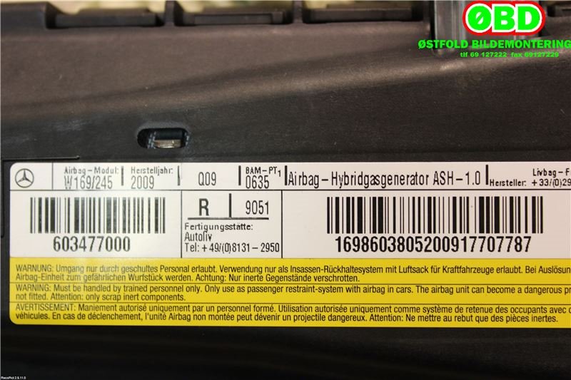 Airbag sidepute høyre til Mercedes A-Klasse 2005-2012 (W169) (W169) (MERCEDES|A 169 860 38 05||1698603805)